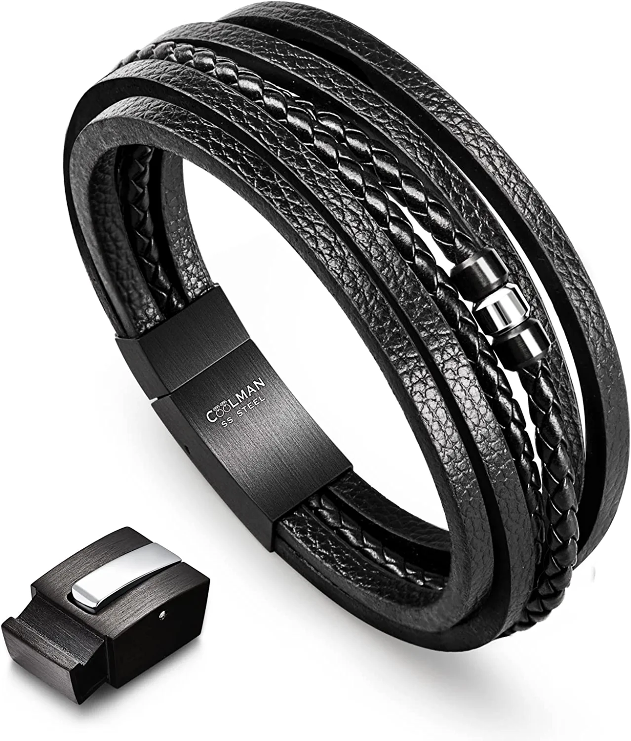 Coolman Leather Bracelet for Men Stainless Steel Braided Cuff Bracelet ...